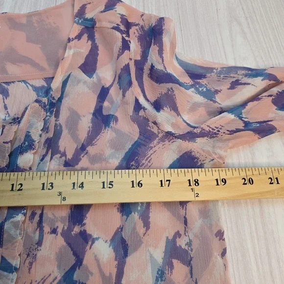 Maeve Anthropologie Silk Blouse SZ 4 Sheer Pink Blue Purple Abstract Long Sleeve - Picture 12 of 13